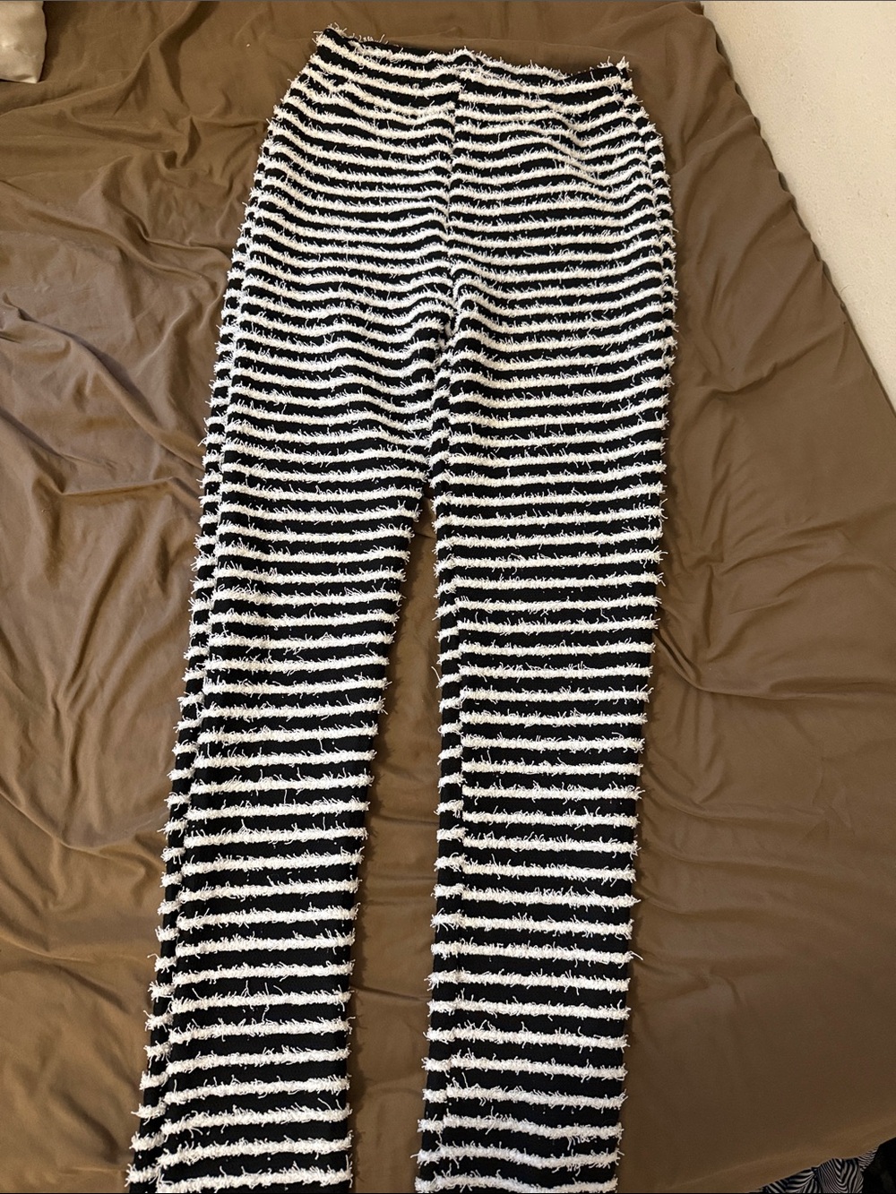 Stacked Cozy Black and White Striped Fuzzy Leggings